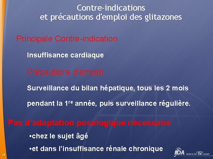 Contre-indications et précautions d'emploi des glitazones Principale Contre-indication Insuffisance cardiaque Précautions d'emploi Surveillance du