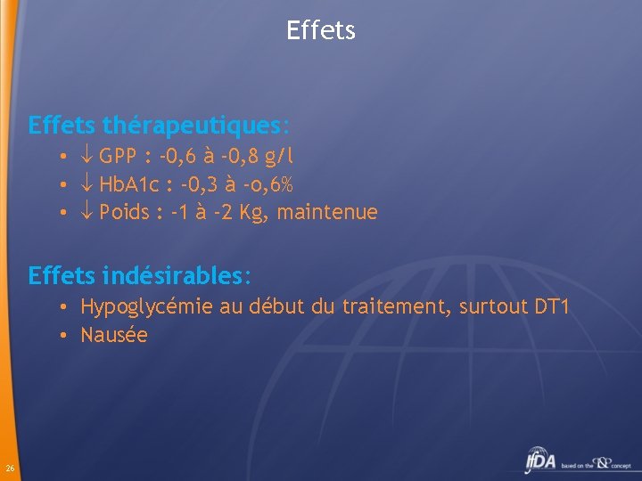 Effets thérapeutiques: • GPP : -0, 6 à -0, 8 g/l • Hb. A