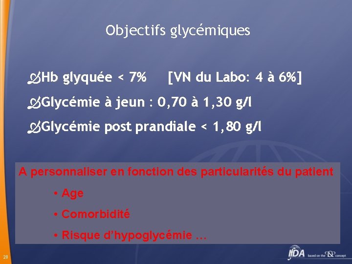 Objectifs glycémiques Hb glyquée < 7% [VN du Labo: 4 à 6%] Glycémie à