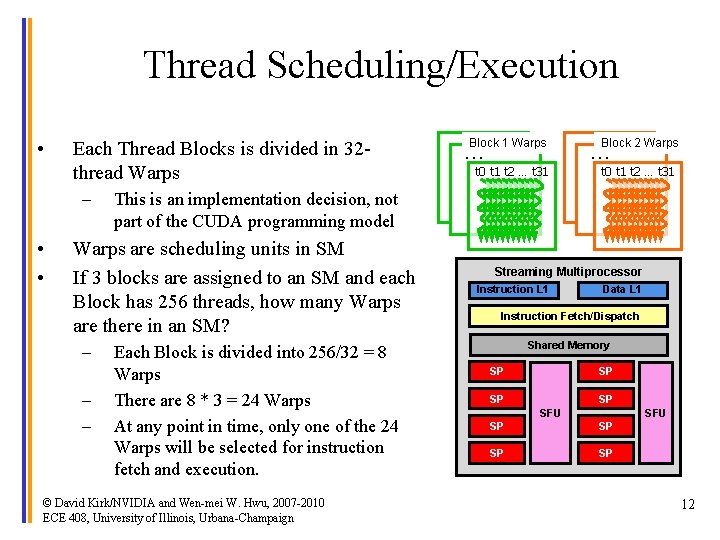 Thread Scheduling/Execution • Each Thread Blocks is divided in 32 thread Warps – •