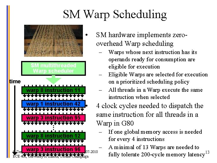 SM Warp Scheduling • SM hardware implements zerooverhead Warp scheduling – SM multithreaded Warp
