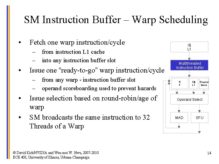 SM Instruction Buffer – Warp Scheduling • Fetch one warp instruction/cycle – – •