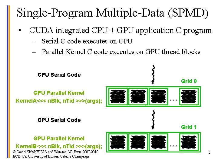 Single-Program Multiple-Data (SPMD) • CUDA integrated CPU + GPU application C program – Serial