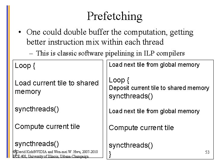 Prefetching • One could double buffer the computation, getting better instruction mix within each