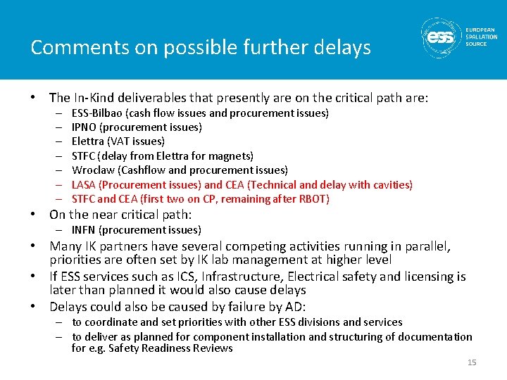 Comments on possible further delays • The In-Kind deliverables that presently are on the