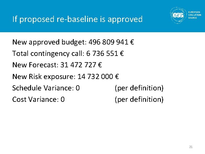 If proposed re-baseline is approved New approved budget: 496 809 941 € Total contingency