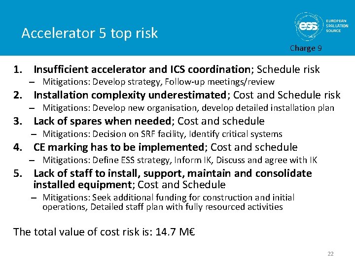 Accelerator 5 top risk Charge 9 1. Insufficient accelerator and ICS coordination; Schedule risk