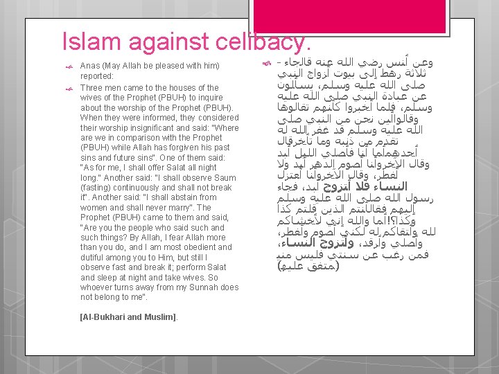 Islam against celibacy. Anas (May Allah be pleased with him) reported: Three men came