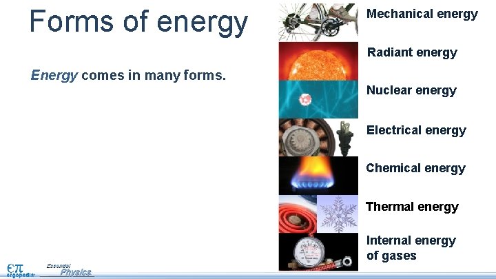 Forms of energy Mechanical energy Radiant energy Energy comes in many forms. Nuclear energy
