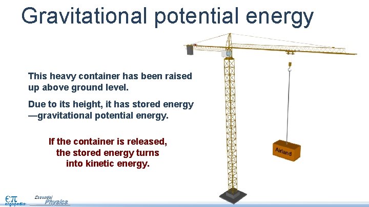 Gravitational potential energy This heavy container has been raised up above ground level. Due