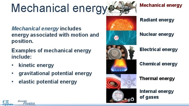 Mechanical energy Radiant energy Mechanical energy includes energy associated with motion and position. Nuclear