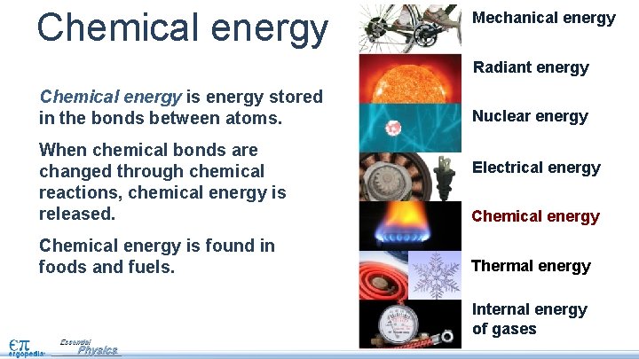 Chemical energy Mechanical energy Radiant energy Chemical energy is energy stored in the bonds