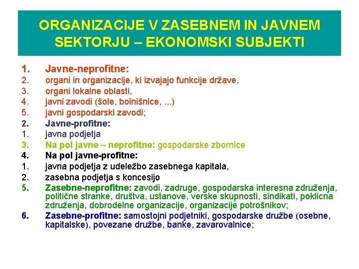 ORGANIZACIJE V ZASEBNEM IN JAVNEM SEKTORJU – EKONOMSKI SUBJEKTI 1. Javne-neprofitne: 2. 3. 4.