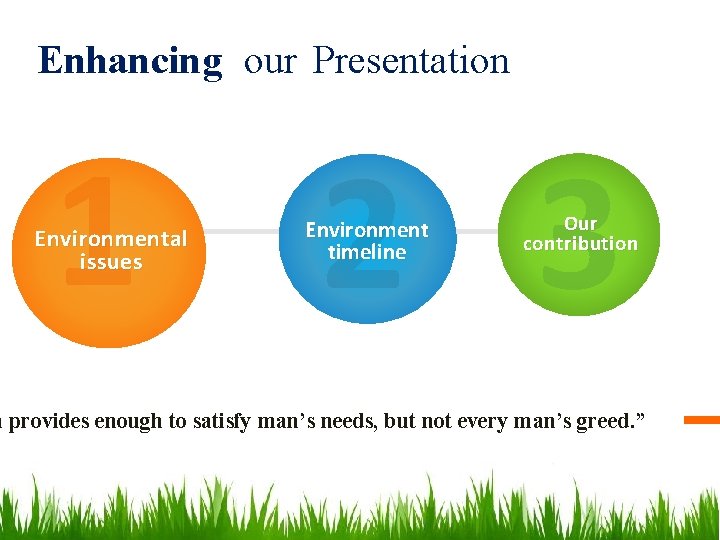 Enhancing our Presentation 1 Environmental issues 2 3 Environment timeline Our contribution h provides