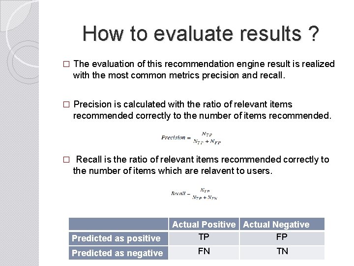How to evaluate results ? � The evaluation of this recommendation engine result is