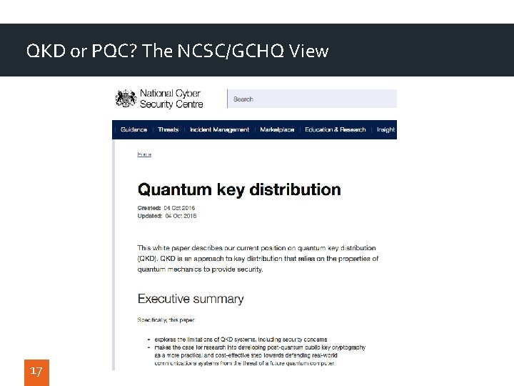 QKD or PQC? The NCSC/GCHQ View 17 