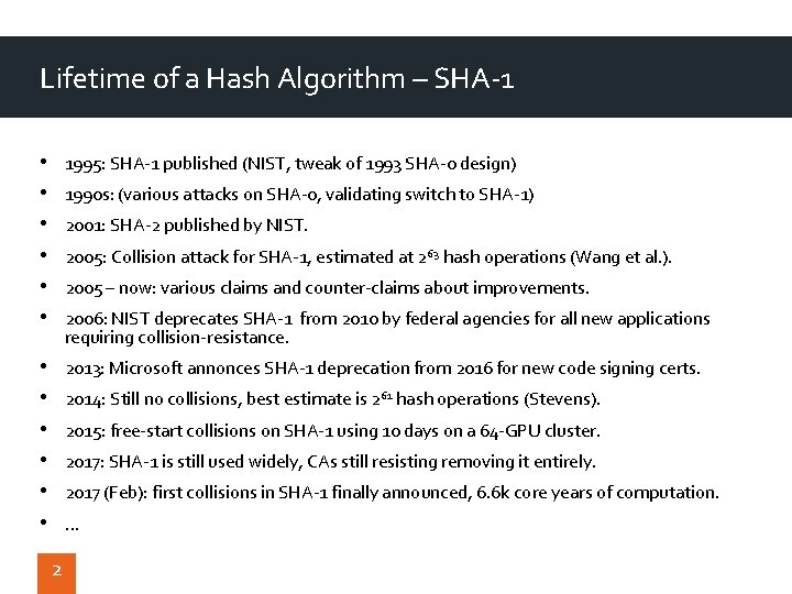 Lifetime of a Hash Algorithm – SHA-1 • • • 1995: SHA-1 published (NIST,