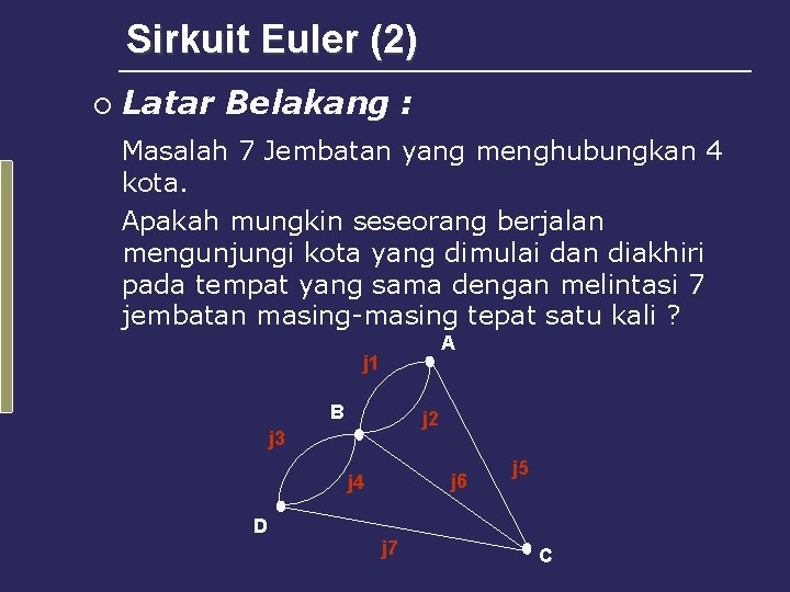 Sirkuit Euler (2) ¡ Latar Belakang : Masalah 7 Jembatan yang menghubungkan 4 kota.