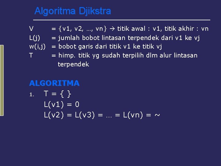 Algoritma Djikstra V L(j) w(i, j) T = = {v 1, v 2, …,