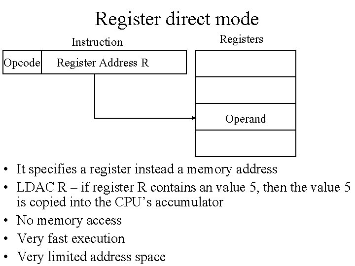 Register direct mode Instruction Opcode Registers Register Address R Operand • It specifies a
