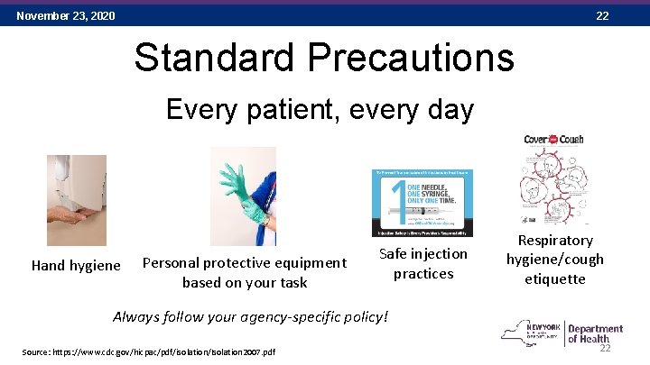 November 23, 2020 22 Standard Precautions Every patient, every day Hand hygiene Personal protective