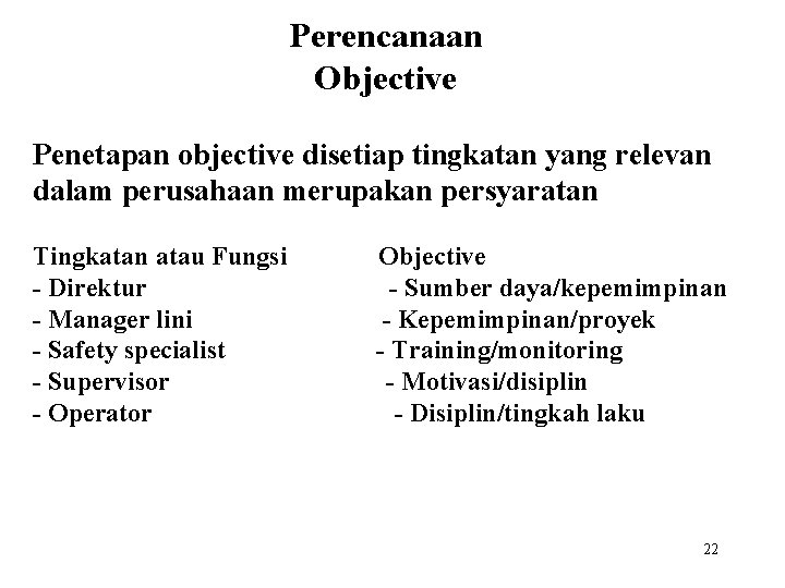 Perencanaan Objective Penetapan objective disetiap tingkatan yang relevan dalam perusahaan merupakan persyaratan Tingkatan atau