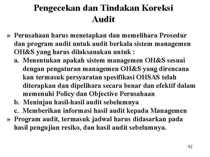 Pengecekan dan Tindakan Koreksi Audit » Perusahaan harus menetapkan dan memelihara Prosedur dan program