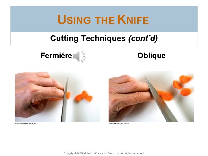 USING THE KNIFE Cutting Techniques (cont’d) Fermiére Oblique Copyright © 2014 John Wiley and