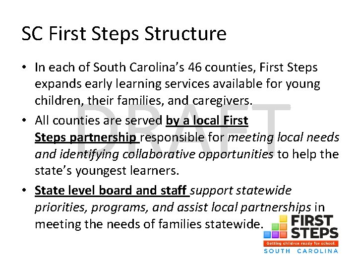 SC First Steps Structure • In each of South Carolina’s 46 counties, First Steps