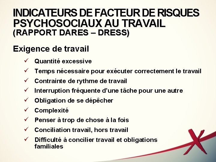 INDICATEURS DE FACTEUR DE RISQUES PSYCHOSOCIAUX AU TRAVAIL (RAPPORT DARES – DRESS) Exigence de