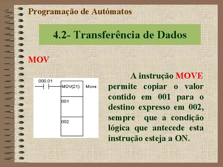 Programação de Autómatos 4. 2 - Transferência de Dados MOV A instrução MOVE permite