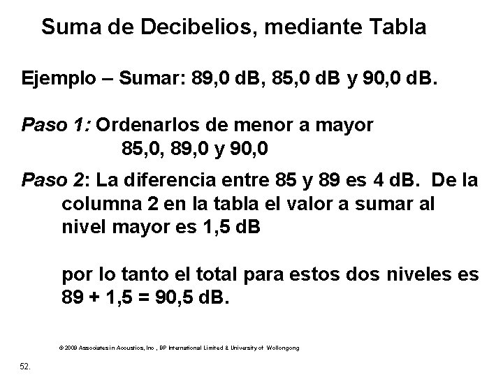  Suma de Decibelios, mediante Tabla Ejemplo – Sumar: 89, 0 d. B, 85,