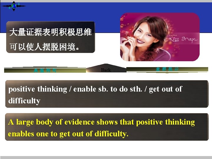NH CE 大量证据表明积极思维 可以使人摆脱困境。 典 型 例 句 Back 意 群 提 示 positive