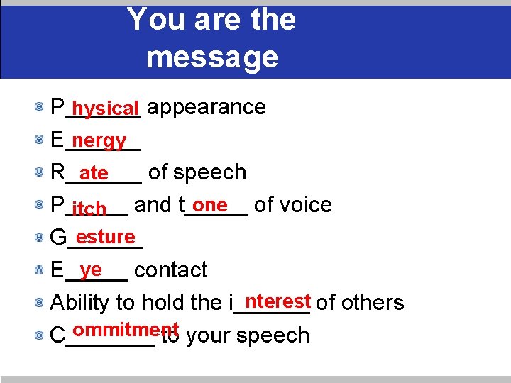 You are the message P______ hysical appearance E______ nergy ate R______ of speech one