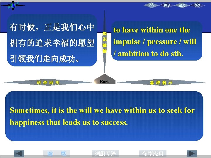 NH CE 导入 有时候，正是我们心中 心里有做某事的冲动/ 压 力 /愿 望 /雄 心 壮 志 拥有的追求幸福的愿望