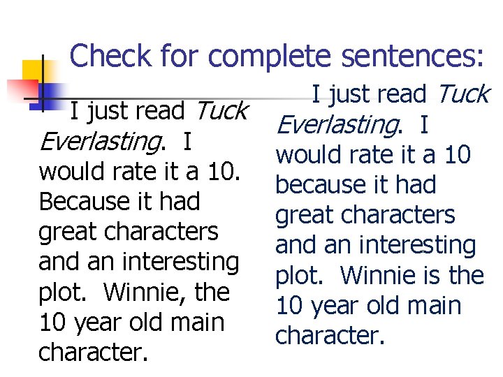 Check for complete sentences: I just read Tuck Everlasting. I would rate it a Check for complete sentences: I just read Tuck Everlasting. I would rate it a
