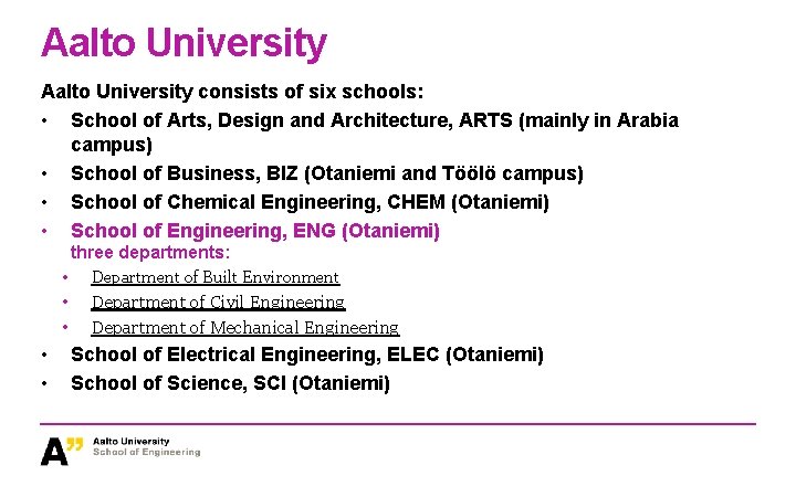 Aalto University consists of six schools: • School of Arts, Design and Architecture, ARTS