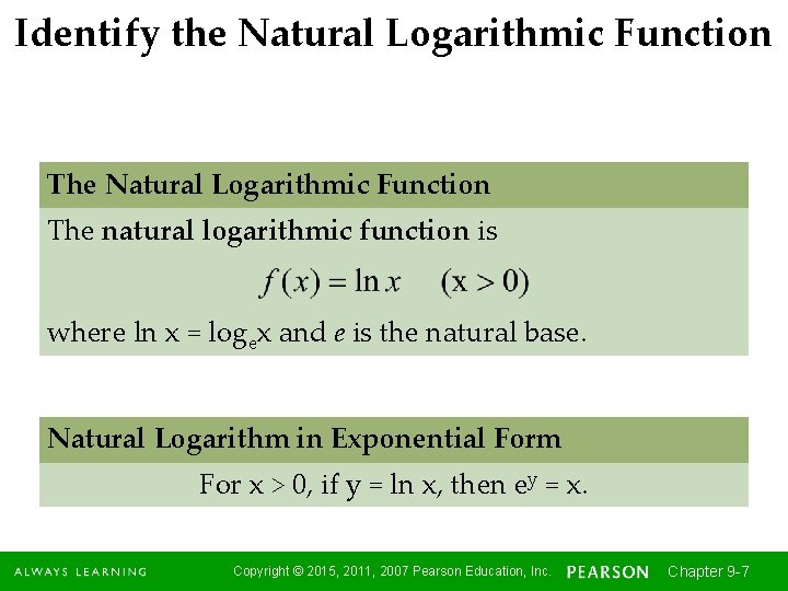 Identify the Natural Logarithmic Function The natural logarithmic function is where ln x =