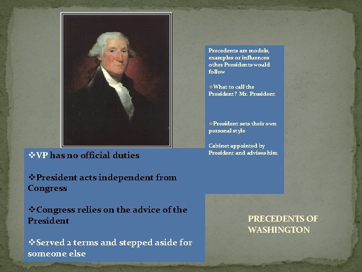 Precedents are models, examples or influences other Presidents would follow v. What to call