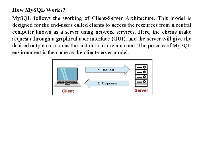 How My. SQL Works? My. SQL follows the working of Client-Server Architecture. This model