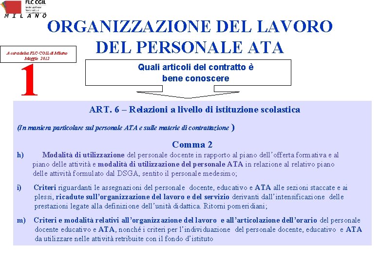 ORGANIZZAZIONE DEL LAVORO DEL PERSONALE ATA A cura della FLC-CGIL di Milano Maggio 2012