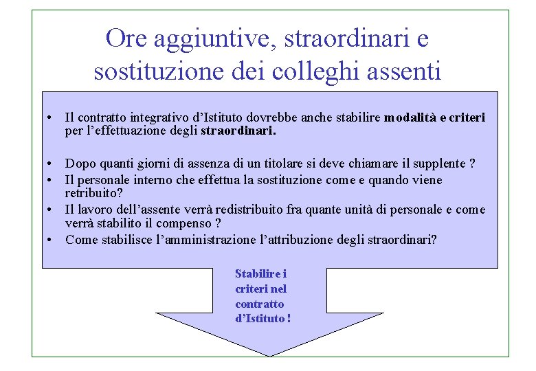 Ore aggiuntive, straordinari e sostituzione dei colleghi assenti • Il contratto integrativo d’Istituto dovrebbe