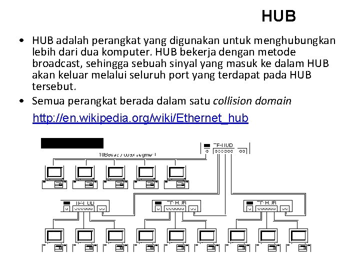 HUB • HUB adalah perangkat yang digunakan untuk menghubungkan lebih dari dua komputer. HUB