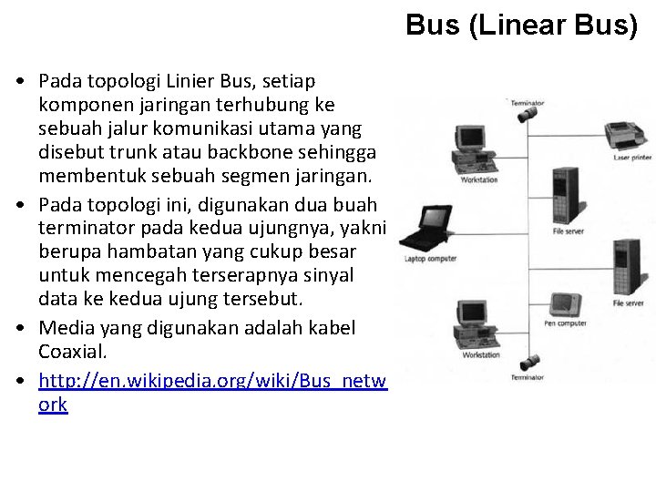 Bus (Linear Bus) • Pada topologi Linier Bus, setiap komponen jaringan terhubung ke sebuah
