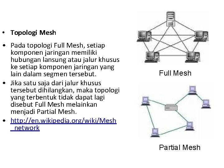  • Topologi Mesh • Pada topologi Full Mesh, setiap komponen jaringan memiliki hubungan