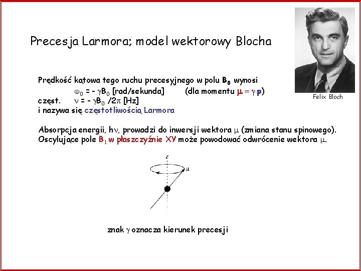 Precesja Larmora; model wektorowy Blocha Prędkość kątowa tego ruchu precesyjnego w polu B 0