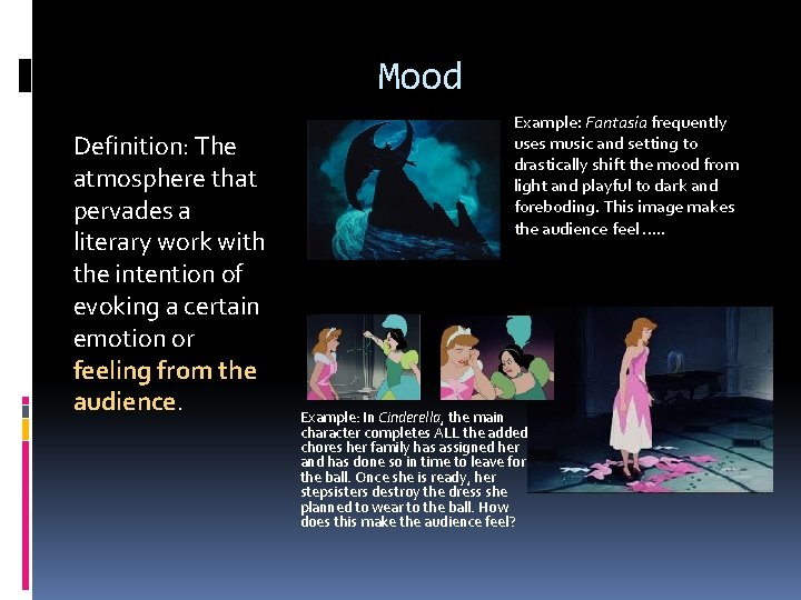 Mood Definition: The atmosphere that pervades a literary work with the intention of evoking