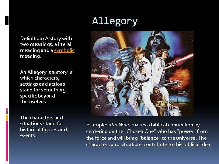 Allegory Definition: A story with two meanings, a literal meaning and a symbolic meaning.