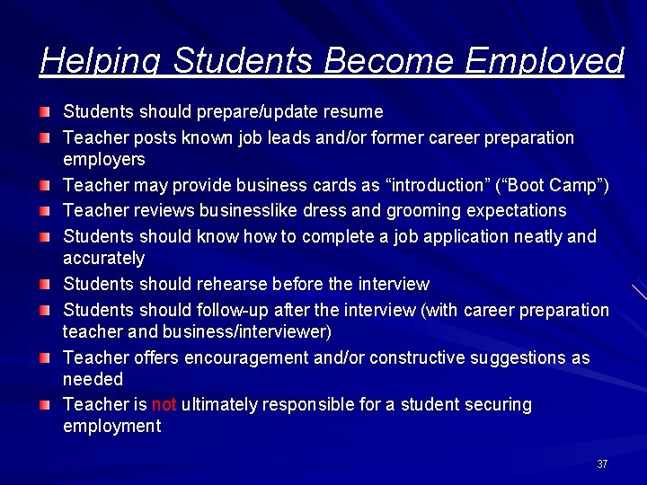 Helping Students Become Employed Students should prepare/update resume Teacher posts known job leads and/or