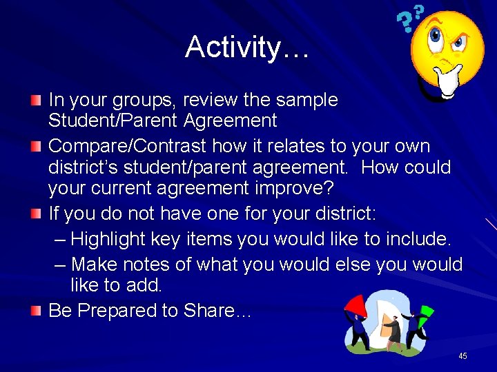 Activity… In your groups, review the sample Student/Parent Agreement Compare/Contrast how it relates to